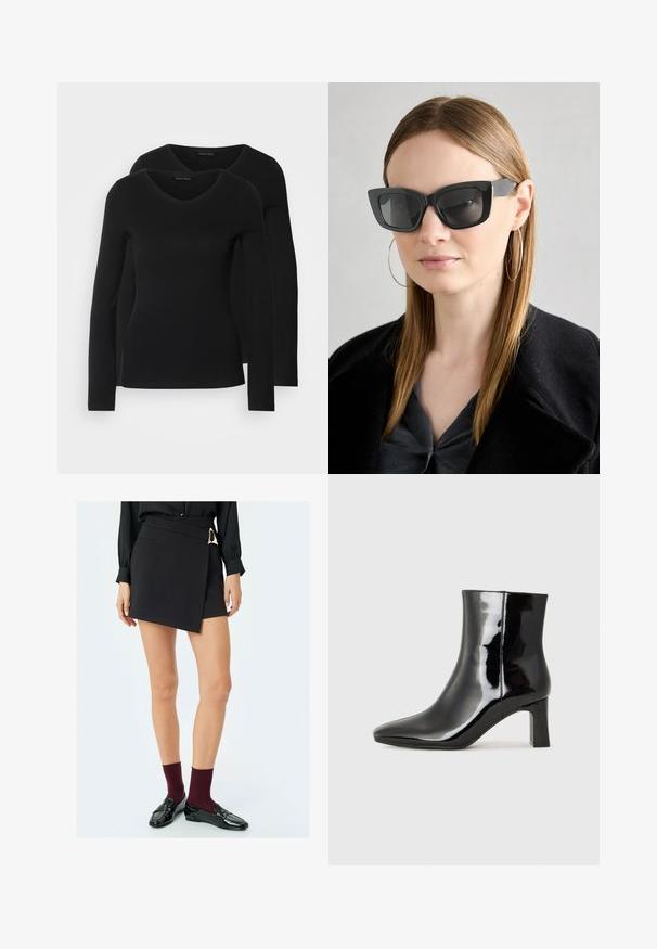 Deux chemises noires à manches longues avec un design en V, fabriquées en tissu doux et extensible, présentant une texture lisse et une silhouette ajustée.; Jupe portefeuille noire avec un détail de boucle sur le côté, texture lisse et coupe ajustée. Portée avec des chaussettes bourgogne et des mocassins noirs brillants.; Bottines en cuir verni noir avec un bout pointu et un talon block de hauteur moyenne. Texture lisse et design minimaliste.; Des lunettes de soleil en forme de chat noir avec des verres foncés, des montures épaisses et des accents subtils. Portées avec un manteau noir et un haut gris, avec des cheveux longs et raides.