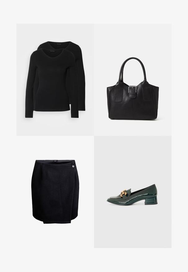 Två svarta långärmade tröjor med V-ringning, tillverkade av mjukt, stretchy tyg, som visar en slät textur och en figursydd form.; Svart omslagskjol med en enkel knappstängning på sidan, tillverkad av slät tyg, knälång med en lätt överlappningsdetalj.; Mörkgrön lackläder lågklackad loafer med spetsig tå och detalj av gyllene metallkedja på ovansidan.; Svart läder tote-väska med slät yta, strukturerad form, två handtag och en framträdande silverfärgad spänne på framsidan.