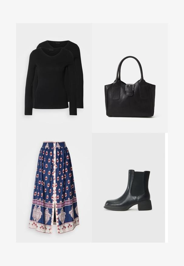 Dvoje čiernych košieľ s dlhým rukávom a výstrihom do V, vyrobených z mäkkej a elastickej látky, s jemnou textúrou a priliehavým strihom.; Dlhá, námornícky modrá bavlnená sukňa s červenými kvetinovými vzormi, bielymi akcentmi, elastickým pásom a predným rozparkom. Zložitý okrajový dizajn v kontrastných farbách.; Čierne kožené členkové čižmy s elastickými bočnými panelmi, zaoblenou špičkou a nízkym blokovým podpätkom. Povrch má hladkú textúru a minimálne detaily.; Čierna kožená taška s hladkou textúrou, štruktúrovaným tvarom, dvoma uchami a výrazným strieborným prackovým detailom na prednej strane.