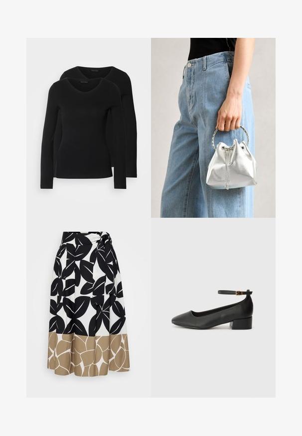 Två svarta långärmade tröjor med V-ringning, tillverkade av mjukt, stretchy tyg, som visar en slät textur och en figursydd form.; Persona by Marina Rinaldi ZENITH - Maxikjol - verde kaki; Svart läderpump med spetsig tå och en låg klack. Har en ankelsnodd med en guldtonad spänne. Slät textur.; Metallisk silverfärgad bucket-väska med en strukturerad yta, prydd med ett silverfärgat runt handtag och dragsko-stängning, hålls mot ljusblå jeans.