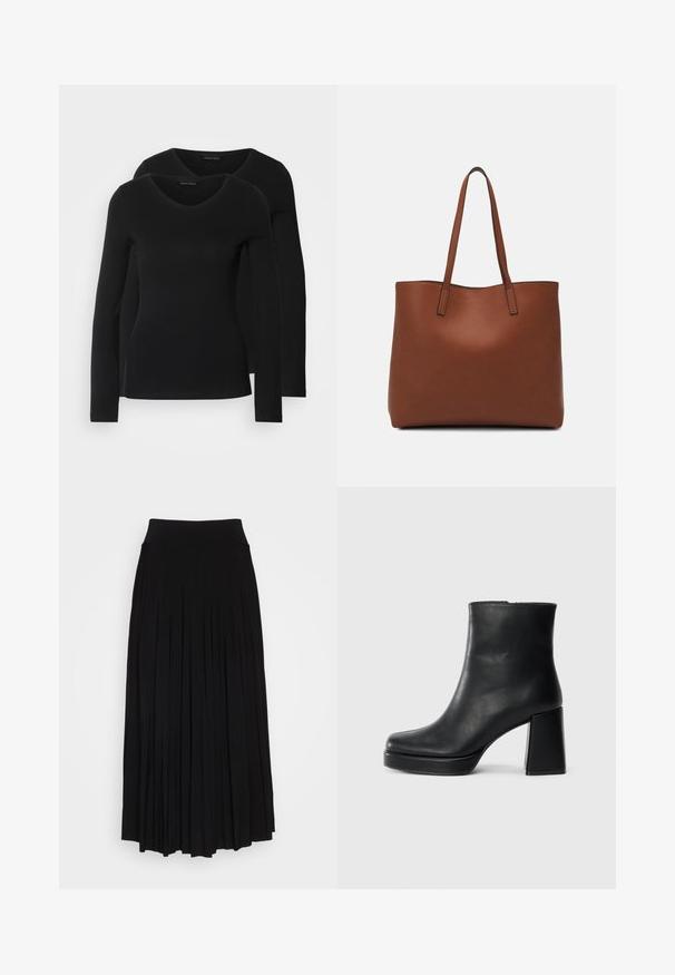 Two black long-sleeve shirts with a V-neck design, made of soft, stretchy fabric, showing smooth texture and a fitted shape.; Black pleated skirt with a high, stretchy waistband. Made from soft fabric, featuring vertical pleats for a flowing silhouette.; Black leather ankle boot with a block heel and platform sole, viewed from the side on a plain white background.; Brown leather tote bag with a smooth texture, open top design, and two shoulder straps. Features minimal stitching and no visible hardware.