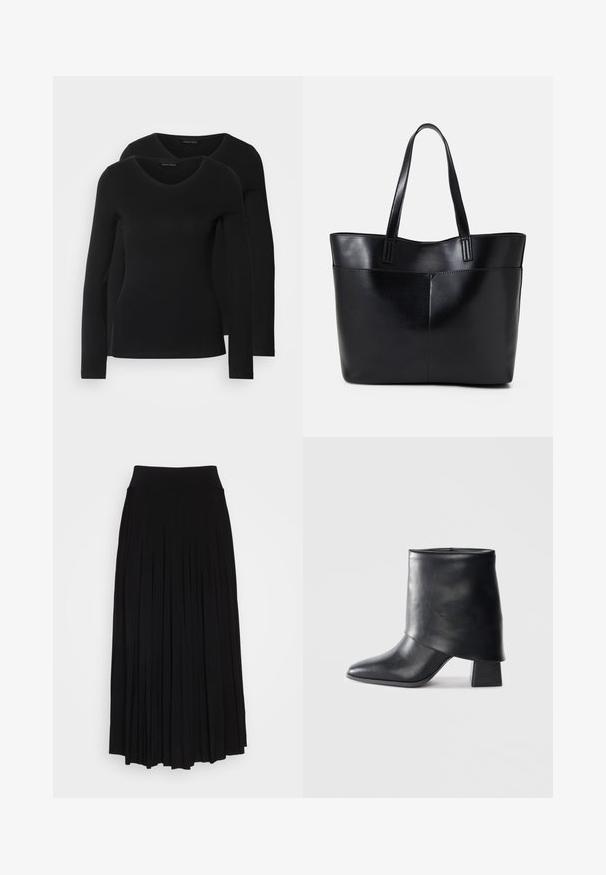 Két fekete, hosszú ujjú póló V nyakkal, puha, rugalmas anyagból, sima textúrával és testhezálló fazonnal.; Fekete, redőzött szoknya magas, rugalmas derékrésszel. Puha anyagból készült, függőleges redőzéssel a légies sziluett érdekében.; Fekete bőr bokacsizma, hegyes orral, sima felülettel és strukturált blokk sarokkal. Magas, hajtott szegéllyel rendelkezik.; Fekete bőr bevásárlótáska két hosszú fogantyúval, sima felülettel és strukturált formával. Elülső zseb található rajta a plusz tárolás érdekében.