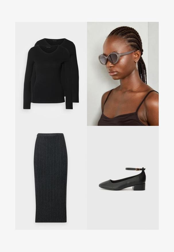 Twee zwarte longsleeve shirts met een V-hals ontwerp, gemaakt van zachte, rekbare stof, die een gladde textuur en een getailleerde vorm laten zien.; Donkergrijze geribbelde midi-jurk met een aansluitende pasvorm en elastische tailleband. Kenmerkt zich door verticale ribbels voor extra textuur.; Zwarte leren pump met een spitse neus en een lage blokhak. Beschikt over een enkelband met een goudkleurige gespsluiting. Gladde textuur.; Grijze oversized zonnebril met een ronde vorm en donkere lenzen. Strakke kunststof montuur met een gladde afwerking. Model heeft gevlochten haar.