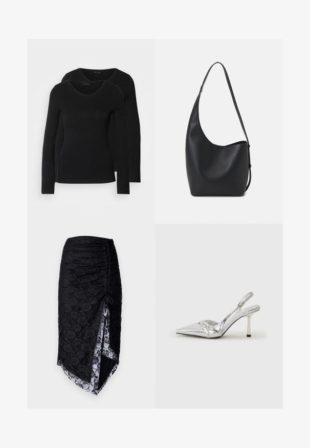 Δύο μαύρα πουκάμισα με μακριά μανίκια και σχέδιο V-λαιμό, φτιαγμένα από μαλακό και ελαστικό ύφασμα, εμφανίζοντας λεία υφή και εφαρμοστή γραμμή.; Μαύρη δαντελένια φούστα με ρυτιδωτή υφή, ασύμμετρο στύλ και πλαϊνό κορδόνι. Επενδεδυμένο εσωτερικό με λουλουδάτο σχέδιο.; Ασημένια ψηλοτάκουνα παπούτσια slingback με μυτερή μύτη, μεταλλική φινέτσα, δύο διακοσμητικές λωρίδες και λεπτό τακούνι με μαύρη άκρη.; Μαύρη δερμάτινη tote τσάντα με λείο υφή, καμπύλο σχήμα και μία ρυθμιζόμενη ζώνη. Διαθέτει μεγάλη άνοιγμα στην κορυφή.