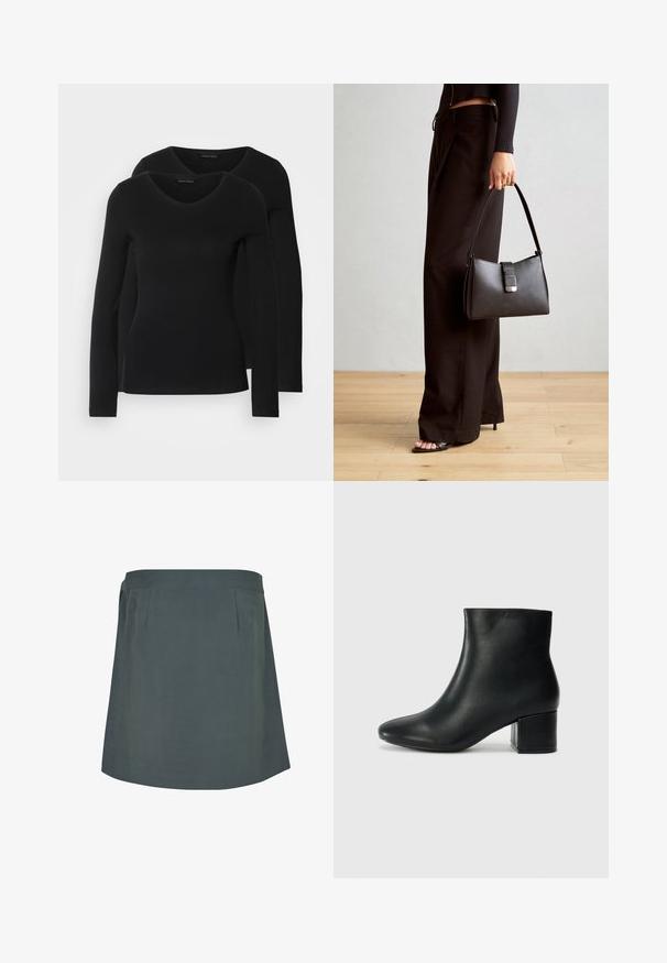 Deux chemises noires à manches longues avec un design en V, fabriquées en tissu doux et extensible, présentant une texture lisse et une silhouette ajustée.; Jupe verte foncée, longueur genou avec une texture lisse, dotée d'une ceinture plate et de plis subtils à l'avant. Design simple et fonctionnel.; Bottines en cuir noir avec un bout pointu et un talon épais. Texture lisse avec des accents minimalistes et un design élégant et ajusté.; Sac à main noir à la forme structurée, texture lisse et fermoir métallique. Associé à un pantalon noir ample et des sandales ouvertes sur un sol en bois.