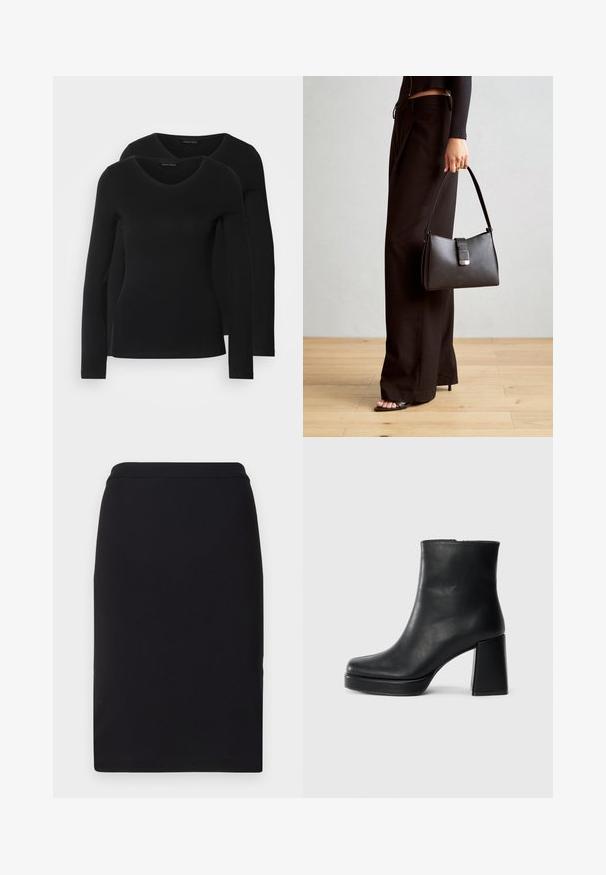 Kaksi mustaa pitkähihaista paitaa V-aukkolla, valmistettu pehmeästä ja joustavasta kankaasta, joka osoittaa sileää tekstuuria ja istuvaa muotoa.; Musta kynähame, joka on valmistettu joustavasta kankaasta, ja jossa on sileä pinta sekä slimmi, suora muotoilu, jossa on istuva vyötärö.; Musta nahkasaapas nilkkapituisena, jossa on paksu korko ja alustapohja, nähtynä sivulta yksinkertaisella valkoisella taustalla.; Musta käsilaukku, jossa on rakenteellinen muoto, sileä pinta ja metallinen solki. Yhdistetty leveisiin mustiin housuihin ja avonaiheisiin sandaaleihin puulattialla.