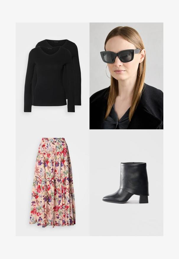 Två svarta långärmade tröjor med V-ringning, tillverkade av mjukt, stretchy tyg, som visar en slät textur och en figursydd form.; Blommig maxikjol med elastisk midja, med en beige bakgrund och livfulla röda, lila och gröna blommönster; flerlagersdesign.; Svart läder ankelboot med spetsig tå, slät textur och en strukturerad blockklack. Har en hög, vikbar krage.; Svarta katterformade solglasögon med mörka linser, tjocka bågar och subtila detaljer. Bärs tillsammans med en svart kappa och en grå topp, med långt rakt hår.