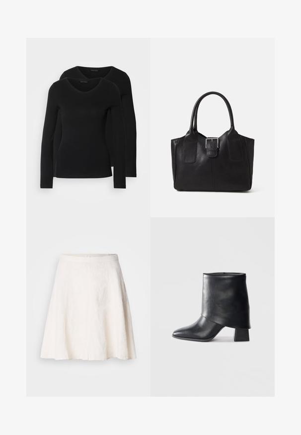 Two black long-sleeve shirts with a V-neck design, made of soft, stretchy fabric, showing smooth texture and a fitted shape.; White linen skirt with a flowing, A-line design. Features a smooth waistband and lightweight texture with subtle creases.; Black leather ankle boot with a pointed toe, smooth texture, and a structured block heel. Features a high, folded cuff design.; Black leather tote bag with smooth texture, structured shape, two handles, and a prominent silver buckle detail on the front.