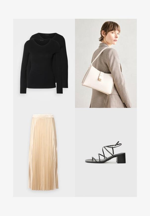 Dvě černé dlouhé rukávy trička s výstřihem do V, vyrobené z měkkého, elastického materiálu, s hladkou texturou a přiléhavým střihem.; Plisovaná midi sukně z lehkého béžového saténu, s elastickým pasem a hladkou strukturou, s vertikálními pruhy, které zvyšují její design.; Černé sandály na podpatku se čtveratou špičkou a masivním podpatkem, vyrobené z hladkého materiálu. Mají nastavitelné pásky kolem kotníků a minimální kovové prvky.; Bílá kožená kabelka se strukturálním designem, s magnetickým uzávěrem a ramenním popruhem, prezentovaná na neutrálním pozadí.