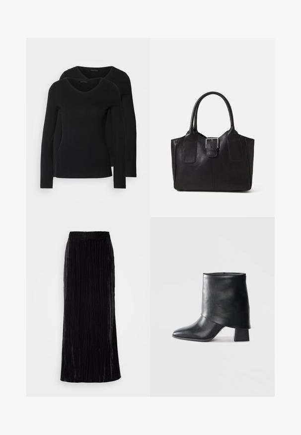 Two black long-sleeve shirts with a V-neck design, made of soft, stretchy fabric, showing smooth texture and a fitted shape.; Black velvet maxi skirt featuring vertical pleats and a scalloped lace waistband. The fabric has a soft, textured appearance.; Black leather ankle boot with a pointed toe, smooth texture, and a structured block heel. Features a high, folded cuff design.; Black leather tote bag with smooth texture, structured shape, two handles, and a prominent silver buckle detail on the front.