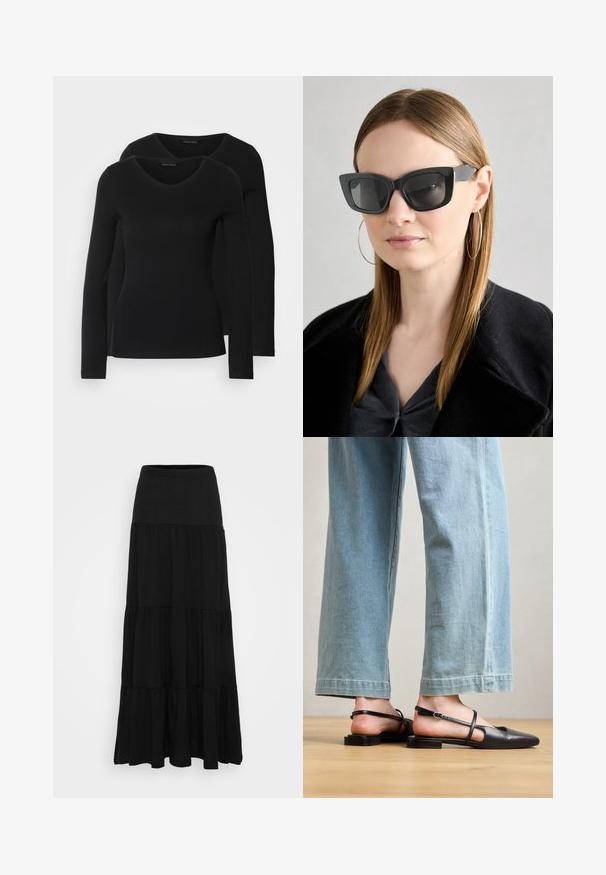 Două cămăși negre cu mâneci lungi și decolteu în V, fabricate dintr-un material moale și elastic, cu o textură netedă și o formă ajustată.; Fustă maxi neagră dintr-un material moale, cu o talie ajustată și un design cu volane în straturi, având trei straturi distincte.; Pantofi slingback din piele neagră, cu vârf ascuțit, toc plat și curea la gleznă; purtați cu blugi cu picioare late, de culoare albastru deschis.; Ochelari de soare negri tip cat-eye cu lentile întunecate, rame groase și accente subtile. Purtați cu o haină neagră și un top gri, având părul lung și drept.; Cercei din argint cu stud pătrat, având un finisaj neted și lustruit, într-o formă de lacrimă, care reflectă lumina cu o suprafață lucioasă.