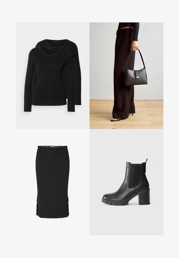 Dve črne majice z dolgimi rokavi in V-izrezom, narejene iz mehkega in raztegljivega materiala, ki prikazuje gladko teksturo in prilegnjeno obliko.; Črna krilna dolžina do gležnjev, izdelana iz teksturiranega materiala, z valovitim robom in stranskimi razporki za lažje gibanje.; Črne usnjene gležnjarje z elastičnimi stranskimi paneli, robustnim gumijastim podplatom in visokim blokastim peto. Imajo zanko na hrbtni strani.; Črna torbica z strukturirano obliko, gladko teksturo in kovinskim zaponko. Ujemajo se z širokimi črnimi hlačami in odprtimi sandali na lesenem tleh.