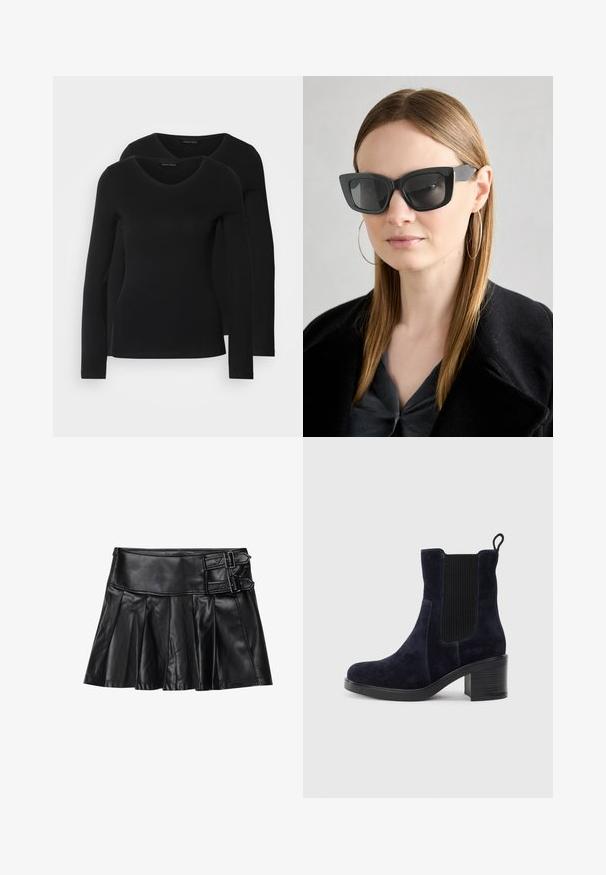Two black long-sleeve shirts with a V-neck design, made of soft, stretchy fabric, showing smooth texture and a fitted shape.; Black leather skirt with pleats, wide waistband, and two buckle accents on the side. Smooth texture with a glossy finish.; Navy blue suede ankle boot with elastic side panel, rounded toe, and block heel. Textured fabric and smooth sole add contrast.; Black cat-eye sunglasses with dark lenses, thick frames, and subtle accents. Worn with a black coat and gray top, featuring long straight hair.