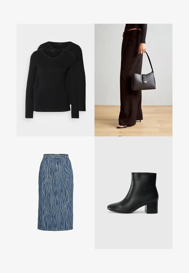 Dos camisetas negras de manga larga con diseño de escote en V, confeccionadas en una tela suave y elástica, que muestran una textura lisa y una forma ajustada.; Falda lápiz de mezclilla con un patrón en zigzag en diferentes tonos de azul, con una cintura alta, dos bolsillos frontales y un corte recto.; Botas de cuero negras hasta el tobillo con una punta afilada y un tacón grueso. Textura lisa con acentos mínimos y un diseño elegante y ajustado.; Bolso negro con forma estructurada, textura suave y un cierre metálico. Combinado con pantalones anchos negros y sandalias de dedo en un suelo de madera.