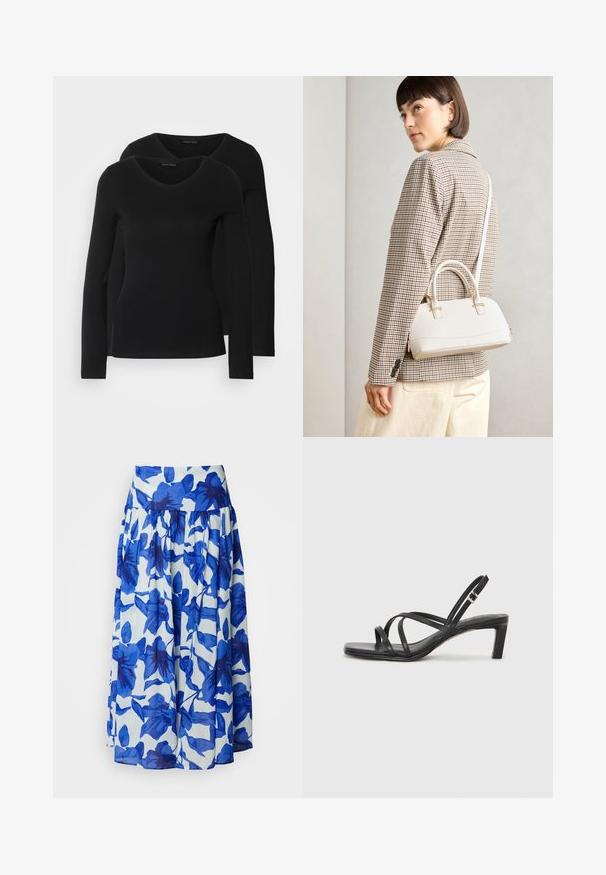 Dvě černé dlouhé rukávy trička s výstřihem do V, vyrobené z měkkého, elastického materiálu, s hladkou texturou a přiléhavým střihem.; Rozšířená sukně z lehkého materiálu s modrým květinovým vzorem na bílém pozadí, s vysokým pasem a nařaseným detailem.; Černé sandály na tenkém podpatku se čtveratou špičkou a nízkým blokovým podpatkem. Mají několik tenkých popruhů a nastavitelné zapínání okolo kotníku. Vyrobeny z hladké kůže.; Bílá strukturovaná kabelka s krátkými uchy a ramenním popruhem, zdobená zlatými kovovými prvky a texturovaným materiálem, vystavená na šedém pozadí.