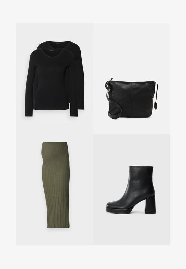 Två svarta långärmade tröjor med V-ringning, tillverkade av mjukt, stretchy tyg, som visar en slät textur och en figursydd form.; Olivgrön ribbad midiklänning med elastisk midja, prydd med vertikala ränder för textur och en figurnära silhuett.; Svart läderankelboot med blockklack och platåsula, sedd från sidan på en enkel vit bakgrund.; Svart läder crossbody-väska med en platt form, guldhardwaredetaljer och en justerbar rem. Slät textur med minimala sömnadsdetaljer.