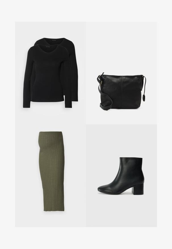 Kaksi mustaa pitkähihaista paitaa V-aukkolla, valmistettu pehmeästä ja joustavasta kankaasta, joka osoittaa sileää tekstuuria ja istuvaa muotoa.; Vihreä ribbikudottu midi-hame, jossa on joustava vyötärö, ja joka sisältää pystysuoria raitoja tekstuurin lisäämiseksi ja istuvan siluetin luomiseksi.; Musta nahkasaappaat nilkkapituudella, jossa on terävä kärki ja paksu korko. Silkkinen pinta, jossa on minimaaliset yksityiskohdat ja tyylikäs, istuva muotoilu.; Musta nahkainen olkalaukku, jossa on litteä muoto, kultaiset yksityiskohdat ja säädettävä hihna. Sujuva pinta, jossa on vain vähän ompelutietoja.