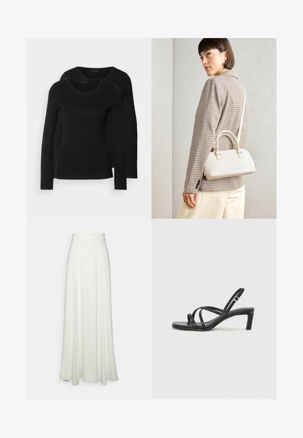 Divi melni krekli ar garām piedurknēm un V-veida kakla izgriezumu, izgatavoti no mīksta, elastīga auduma, ar gludu tekstūru un pieguļošu formas.; Balta grīdas garuma svārki ar gludu, plūstošu tekstūru, ar pieguļošu augstu jostasvietu un bez redzamām rakstu vai rotājumu detaļām.; Melnas strappy sandales ar kvadrātveida purngaliem un zemu bloku papēdi. Ievērojamas ar vairākiem plāniem siksniņām un regulējamu potītes siksniņu. Izgatavotas no gludas ādas.; Balta strukturēta roku soma ar īsām rokturiem un plecu siksnu, ar zelta aparatūras akcentiem un strukturētu materiālu, izstādīta uz pelēka fona.