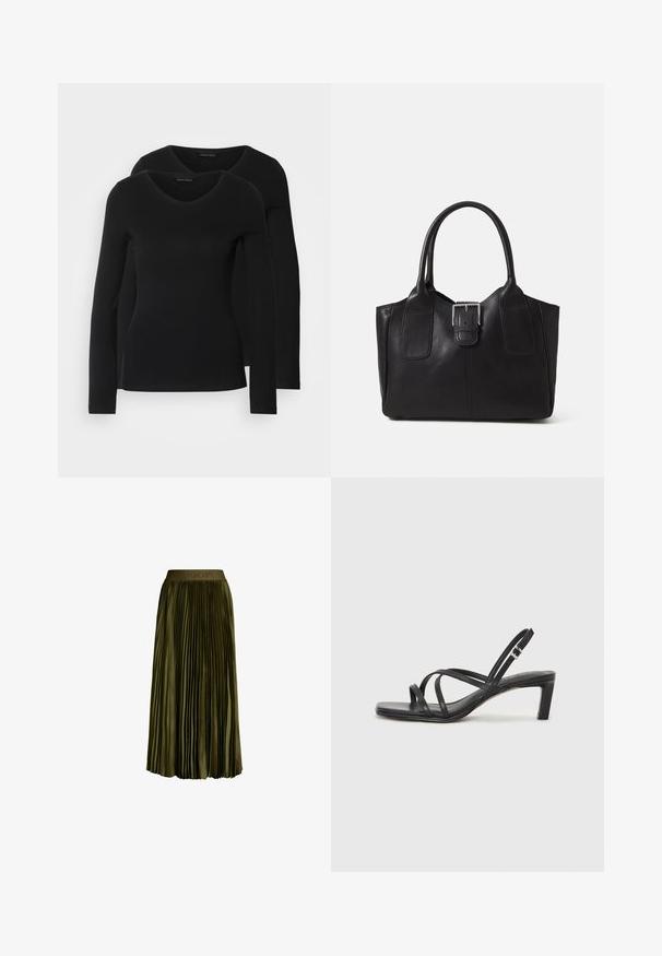 To svarte langermede skjorter med V-halsdesign, laget av mykt, elastisk stoff, viser jevn tekstur og en tettsittende fasong.; Oliven grønn, midi-lengde, plissérskjørt med elastisk midjebånd som har en subtil "JOOP!" logo, satenglignende stoff og en luftig silhuett.; Sorte sandaler med stropper, firkantet tå og lav blokk hæl. Har flere tynne stropper og en justerbar ankelstropp. Laget av glatt lær.; Svart skinn toteveske med jevn tekstur, strukturert form, to håndtak og en fremtredende sølvspenne foran.