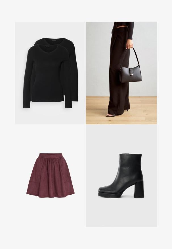 Δύο μαύρα πουκάμισα με μακριά μανίκια και σχέδιο V-λαιμό, φτιαγμένα από μαλακό και ελαστικό ύφασμα, εμφανίζοντας λεία υφή και εφαρμοστή γραμμή.; Σουέτ φούστα σε μπορντό απόχρωση με φαρδιά γραμμή, ελαστική μέση και δύο πλάγιες τσέπες, διαθέτοντας μαλακή υφή και μινιμαλιστικό σχέδιο.; Μαύρη δερμάτινη μποτάκι στον αστράγαλο με τετράγωνο τακούνι και πλατφόρμα, απεικονισμένο από το πλάι σε λευκό φόντο.; Μαύρη τσάντα χειρός με δομημένο σχήμα, λεία υφή και μεταλλικό κούμπωμα. Συνδυασμένη με φαρδιά μαύρα παντελόνια και σανδάλια ανοιχτής μύτης πάνω σε ξύλινο πάτωμα.