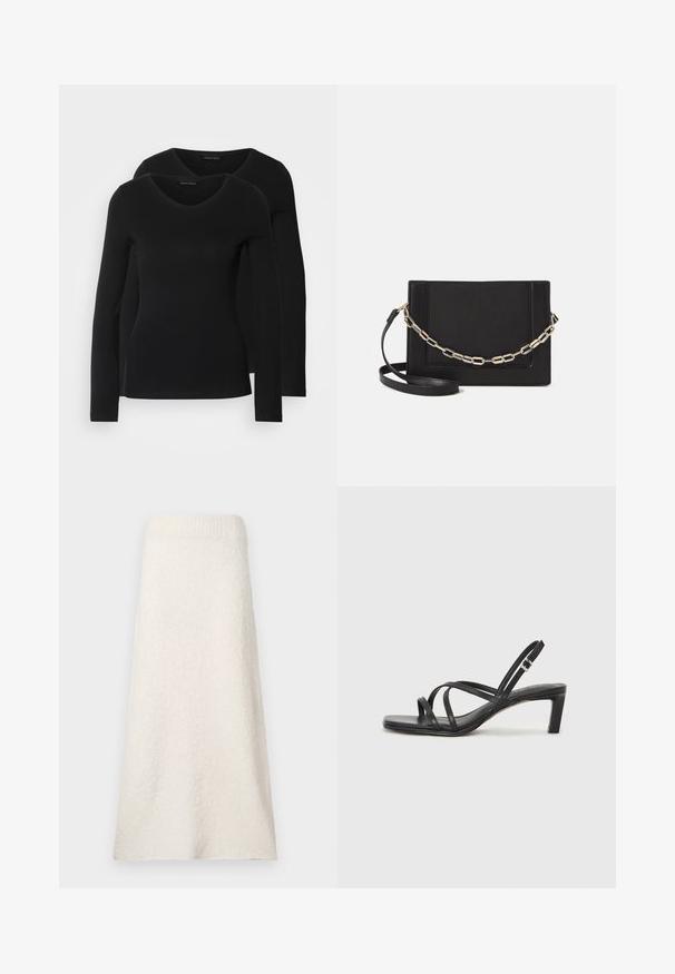 Deux chemises noires à manches longues avec un design en V, fabriquées en tissu doux et extensible, présentant une texture lisse et une silhouette ajustée.; Jupe en serviette crème jusqu'aux genoux en tissu texturé, avec une taille côtelée et un design ample et fluide.; Sandale noire à lanières avec un bout carré et un petit talon bloc. Elle présente plusieurs fines lanières et une sangle de cheville ajustable. Fabriquée en cuir lisse.; Sac bandoulière en cuir noir avec une texture lisse, de forme rectangulaire et un détail en chaîne métallique à l'avant. Sangle réglable incluse.
