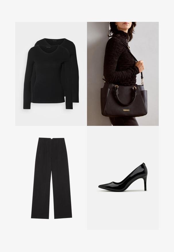 Due camicie a maniche lunghe nere con design a V, realizzate in tessuto morbido e elasticizzato, che mostrano una superficie liscia e una forma aderente.; Anna Field Pantaloni - black; Décolleté nera in pelle verniciata con tacco alto, punta affusolata e silhouette elegante, caratterizzata da una superficie liscia e un design minimali.; Borsa nera con superficie texturizzata, manici superiori doppi e tracolla regolabile. Dotata di hardware color oro e tasche laterali.; Orecchini in tonalità oro con un design decorativo accentuato da una perla, fissaggio in metallo e retro in elastomero traslucido.