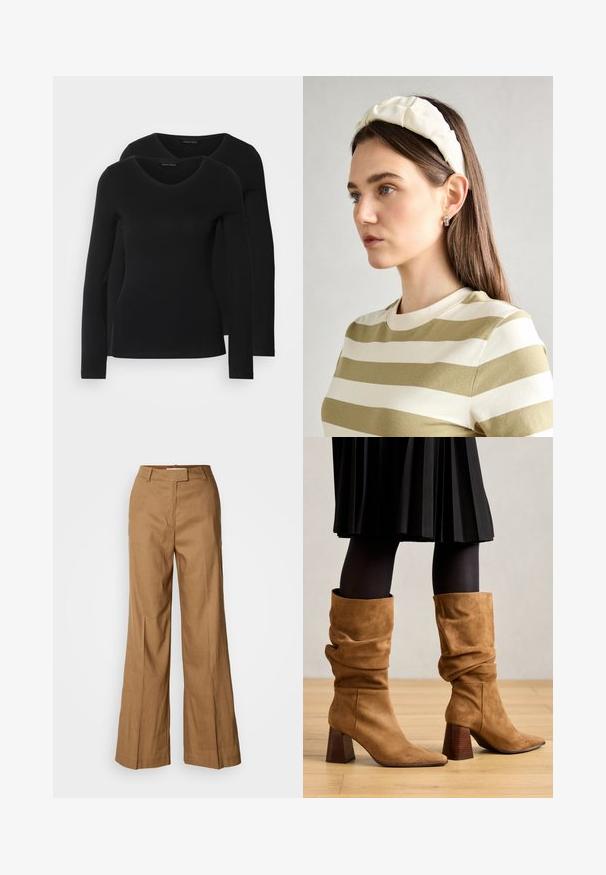 To sorte langærmede t-shirts med V-hals-design, lavet af blødt, strækbart stof, som viser en glat tekstur og en tætsiddende pasform.; Brune vide bukser lavet af letvægtsstof. Har flad front, bæltesløjfer og en skræddersyet silhuet med en ankellængde.; Brune ruskind slouchy ankelstøvler med spidse tæer og stablede træhæle. Båret med sorte strømpebukser og en plisseret sort nederdel.; Cremefarvet, polstret pandebånd med snoet design, parret med en beige og hvid stribet skjorte med rund hals. diskrete smykke accenter.