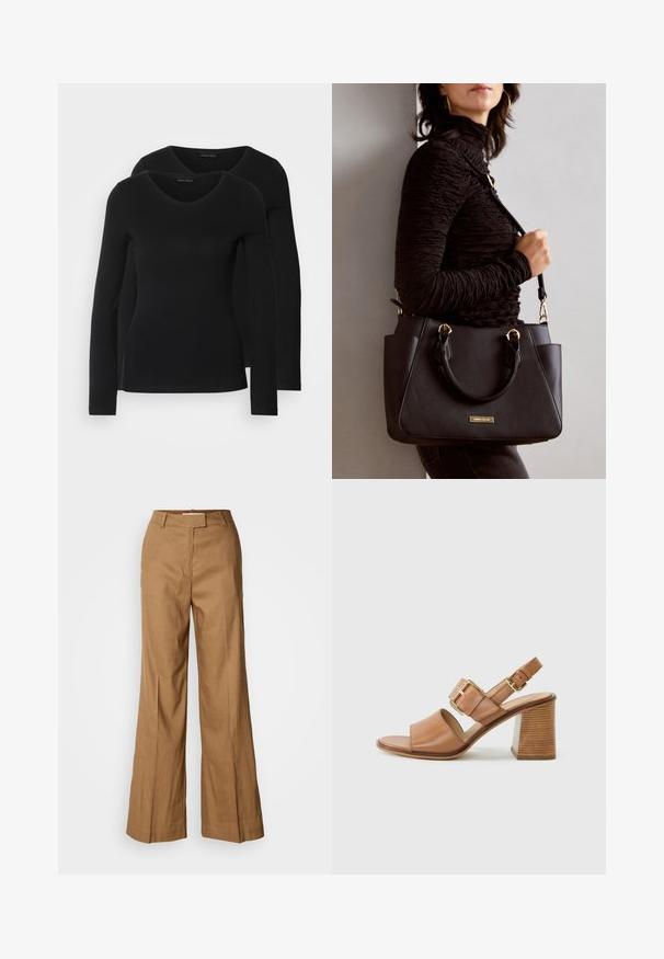 To sorte langærmede t-shirts med V-hals-design, lavet af blødt, strækbart stof, som viser en glat tekstur og en tætsiddende pasform.; Brune vide bukser lavet af letvægtsstof. Har flad front, bæltesløjfer og en skræddersyet silhuet med en ankellængde.; Brune læderhælesandaler med en bred frontrem, justerbar ankelrem med en guldbuckle og en tekstureret blokheel.; Sort håndtaske med struktureret overflade, dobbelt topbærere og justerbar skulderrem. Udstyret med guldfarvet metalhardware og sidelommer.