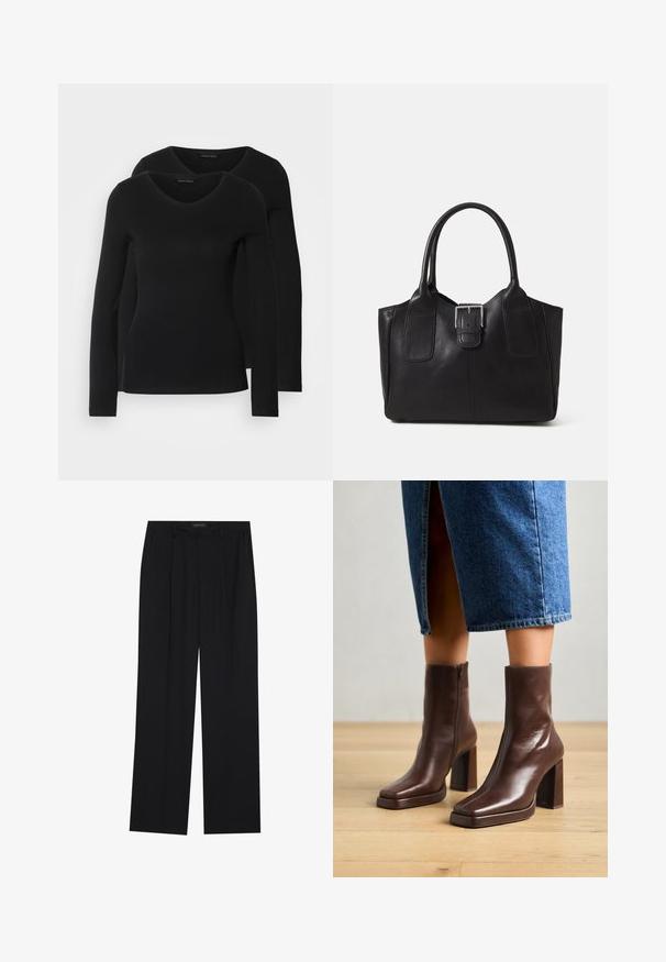 Zwei schwarze Langarmshirts mit V-Ausschnitt, aus weichem, dehnbarem Stoff, der eine glatte Textur und eine figurbetonte Passform zeigt.; Schwarze Hose mit geradem Bein, ausgestattet mit zwei frontalen Taschen und einem Taillenbund. Hergestellt aus einem glatten, leichten Stoff.; Jeffrey Campbell MAXIMAL-L2 - Plateaustiefelette - dark cognac; Schwarze Leder-Tote mit glatter Textur, strukturiertem Design, zwei Griffen und einem auffälligen silbernen Schnallen-Detail auf der Vorderseite.
