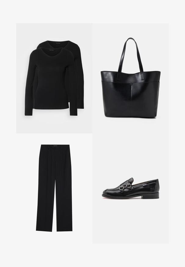 Divi melni krekli ar garām piedurknēm un V-veida kakla izgriezumu, izgatavoti no mīksta, elastīga auduma, ar gludu tekstūru un pieguļošu formas.; Melni bikses ar taisnu kāju dizainu, kurām ir divi priekšējie kabatas un jostasvieta. Izgatavotas no gludas, vieglas auduma.; Melnas lakotas ādas loafers ar divām sudraba sprādzēm, nedaudz noapaļots purns un zems sakrauts papēdis. Strukturēta šūšana gar augšdaļu.; Melnas ādas iepirkumu soma ar divām garām rokturām, gludu tekstūru un strukturētu formu. Iekļauj priekšējo kabatu papildu uzglabāšanai.