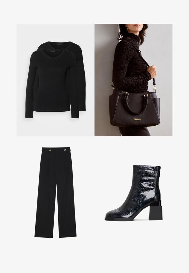Dwie czarne koszule z długim rękawem o designie w kształcie litery V, wykonane z miękkiego, elastycznego materiału, o gładkiej teksturze i dopasowanym kroju.; Czarne szerokie spodnie z wysokim stanem, z detalami w postaci guzików na pasku oraz plisami z przodu.; Czarne lakierowane botki za kostkę o błyszczącej powierzchni, z kwadratowym obcasem i teksturowaną powierzchnią. Posiadają pasek z markowym detalem.; Czarna torebka z teksturowanej powierzchni, podwójnymi uchwytami na górze i regulowanym paskiem na ramię. Posiada złote okucia i boczne kieszenie.