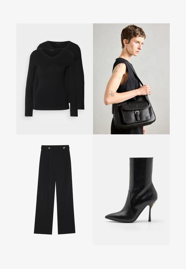 Două cămăși negre cu mâneci lungi și decolteu în V, fabricate dintr-un material moale și elastic, cu o textură netedă și o formă ajustată.; Pantaloni negri cu picioare largi, talie înaltă, detalii cu butoane pe talie și pliseuri în față.; Cizmă scurtă din piele neagră cu vârf ascuțit, textură netedă și toc înalt stiletto. Prezintă o fanta în față și accente din metal aurit.; Geantă de umăr din piele neagră, cu un capac frontal, detalii cu cataramă și o textură netedă. Dispune de o curea de umăr unică și un design minimalist.