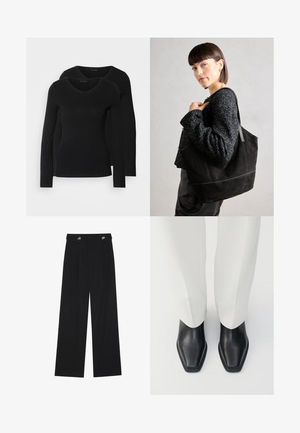 Dve črne majice z dolgimi rokavi in V-izrezom, narejene iz mehkega in raztegljivega materiala, ki prikazuje gladko teksturo in prilegnjeno obliko.; Črne široke hlače s visokim pasom, gumbnimi detajli na pasu in sprednjimi gubami.; Črne usnjene gležnjske škornje s koničastim nosom in nizko kupolasto peto, v kombinaciji z belimi širokimi hlačami. Gladka tekstura, eleganten dizajn.; Črna semiš torbica z gladko teksturo, strukturirano obliko in kontrastnim šivanjem. Ima dolge naramnice za nošenje na rami.