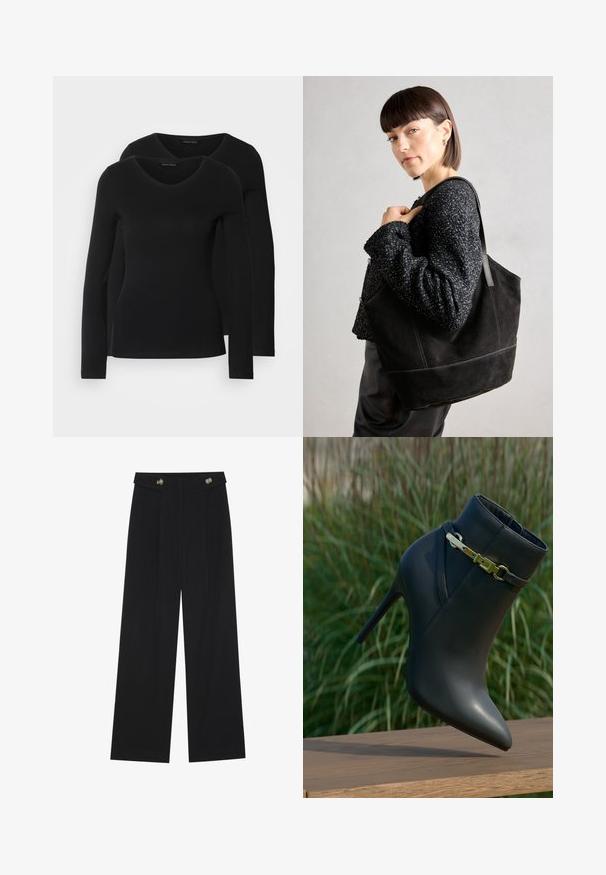 Dva crna majice dugih rukava s V-izrezom, izrađene od mekanog, rastezljivog materijala, s glatkom teksturom i prilagođenim oblikom.; Crne hlače širokih nogavica s visokim strukom, s dugmadi na pojasu i prednjim nabora.; Crne čizme s visokom potpeticom i špicastim vrhom, s zlatnom kopčom, prikazane na drvenoj površini s pozadinom od zelenog lišća.; Crna suede torba s glatkom teksturom, strukturiranim oblikom i kontrastnim šavovima. Ima duge trake za nošenje preko ramena.