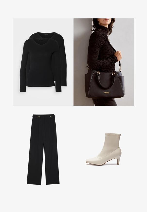 To svarte langermede skjorter med V-halsdesign, laget av mykt, elastisk stoff, viser jevn tekstur og en tettsittende fasong.; Svart vide bukser med høy midje, knappdetaljer på midjebåndet og frontplisser.; Hvit ankelstøvel laget av glatt lær med spiss tå og en kort, taperende hæl. Har et minimalistisk design og sømløs overdel.; Svart håndveske med teksturert overflate, doble topphåndtak og justerbar skulderrem. Har detaljer i gulltone og sidelommer.