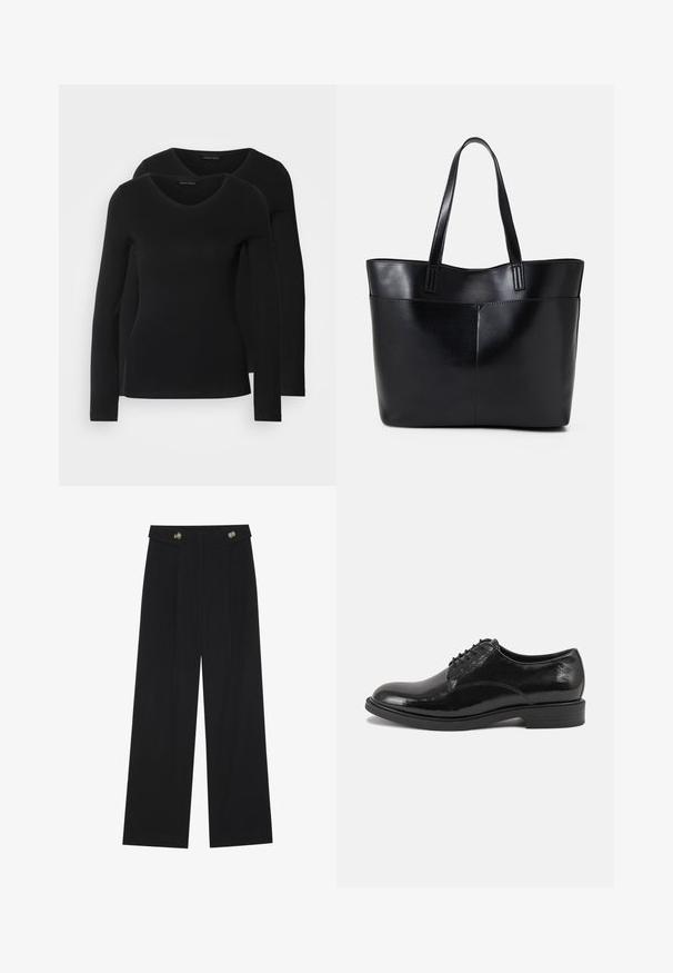 Du į juodas ilgomis rankovėmis marškiniai su V formos iškirpte, pagaminti iš minkštos, tamprios medžiagos, rodantys lygią tekstūrą ir prigludusią formą.; Juodi plačios kojos kelnės su aukštu liemeniu, sagų detalėmis ant liemens ir priekinėmis raukšlėmis.; Juodas odinis batų modelis su blizgiu paviršiumi, apvalia nosimi ir raištelių užsegimu. Turi žemą supresuotą kulną ir subtilias siuvimo detales.; Juoda odinė rankinė su dviem ilgais diržais, lygiu paviršiumi ir struktūrizuota forma. Yra priekinė kišenė papildomam saugojimui.