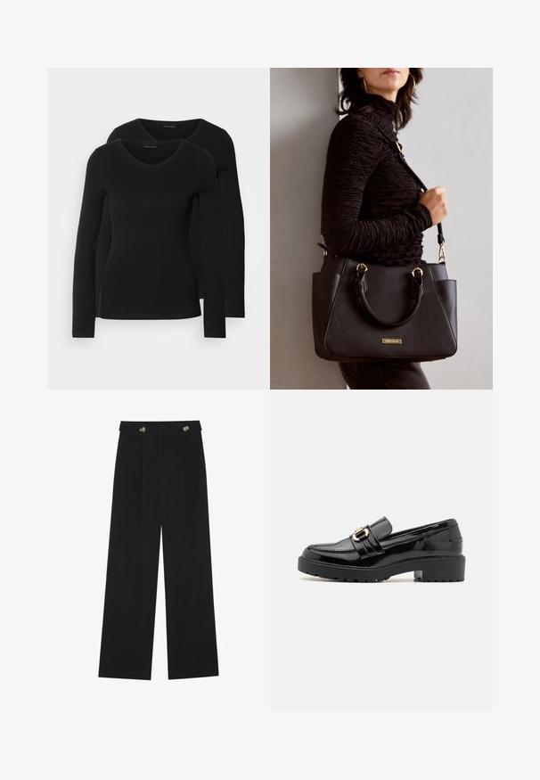 To svarte langermede skjorter med V-halsdesign, laget av mykt, elastisk stoff, viser jevn tekstur og en tettsittende fasong.; Svart vide bukser med høy midje, knappdetaljer på midjebåndet og frontplisser.; Sorte patentlæder loafers med lav blokhæl, der har en fremtrædende gold-tone spænde og struktureret, rillede ydersål.; Svart håndveske med teksturert overflate, doble topphåndtak og justerbar skulderrem. Har detaljer i gulltone og sidelommer.