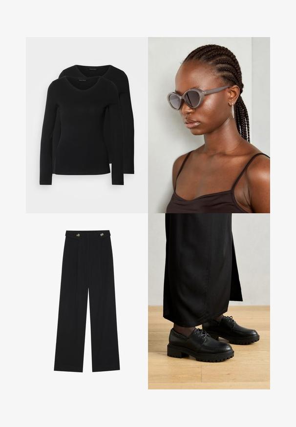 Kaks musta pika varrukaga särk, millel on V-kaelus ja mis on valmistatud pehmest ja venivast kangast, millel on sile tekstuur ja sobiv kuju.; Mustad laiad püksid kõrge vöökoha ja nööpdetailidega vööandil, esikortsudega.; Mustad musta nahast kingad ümmarguse varbaga, paksu kummist tallaga ja paeltega. Kujunduses on dekoratiivne õmblus ülemise osa ümber.; Hallid ova päikeseprillid ümmarguse kujuga ja tumedate läätsega. Sujuva viimistlusega läikiv plastraam. Mudelil on põimitud juuksed.