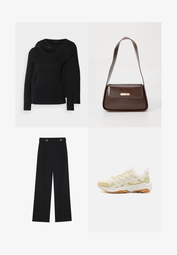 Kaks musta pika varrukaga särk, millel on V-kaelus ja mis on valmistatud pehmest ja venivast kangast, millel on sile tekstuur ja sobiv kuju.; Mustad laiad püksid kõrge vöökoha ja nööpdetailidega vööandil, esikortsudega.; Kergedelise jalanõud heledas kreemjas värvuses, roheliste marmorist aktsentidega. Omab võrgusilma pealispinda, tekstureeritud kummist tallat ja lamedaid paelu.; Pruun nahast õlalina, millel on struktureeritud kuju, magnetist klapiga sulgemine ja esiküljel metallne logo aksessuaar.