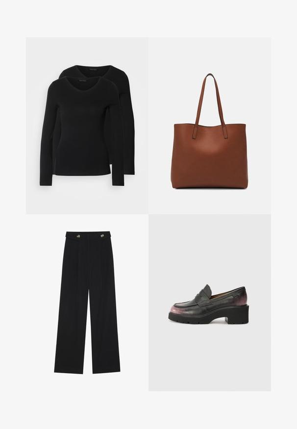 Zwei schwarze Langarmshirts mit V-Ausschnitt, aus weichem, dehnbarem Stoff, der eine glatte Textur und eine figurbetonte Passform zeigt.; Schwarze weite Hosen mit hoher Taille, Knopfdetails am Bund und vorderen Falten.; Schwarze Leder-Laufschuhe mit abgerundeter Spitze, Akzentriemen und tonalem Farbverlauf von Schwarz zu Dunkelrosa am Absatz. Verfügt über eine klobige Sohle.; Braune Leder-Tote mit glatter Textur, offenem Oberteil und zwei Schulterriemen. Verfügt über minimale Nähte und keine sichtbaren Beschläge.