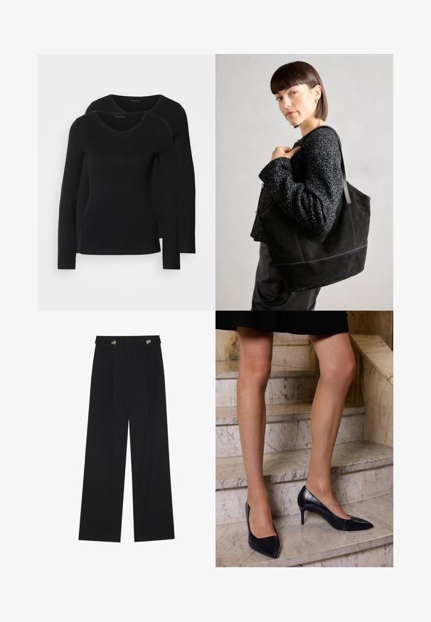 Two black long-sleeve shirts with a V-neck design, made of soft, stretchy fabric, showing smooth texture and a fitted shape.; Black wide-leg trousers with high waist, button details on waistband, and front pleats.; Navy blue high-heeled shoes with a pointed toe, featuring a smooth and textured finish resembling crocodile skin.; Black suede tote bag with a smooth texture, structured shape, and contrasting stitching. Features long straps for shoulder carry.; Set of gold-tone earrings featuring various designs, including studs, hoops, and dangling pieces with pearls and rhinestones.