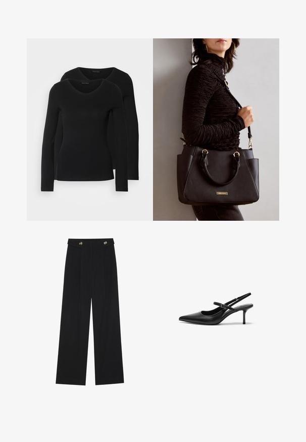 Two black long-sleeve shirts with a V-neck design, made of soft, stretchy fabric, showing smooth texture and a fitted shape.; Black wide-leg trousers with high waist, button details on waistband, and front pleats.; Black leather slingback heels with a pointed toe, slender adjustable strap, and a approximately 2-inch stiletto heel, smooth texture.; Black handbag with textured surface, dual top handles, and adjustable shoulder strap. Features gold-tone hardware and side pockets.