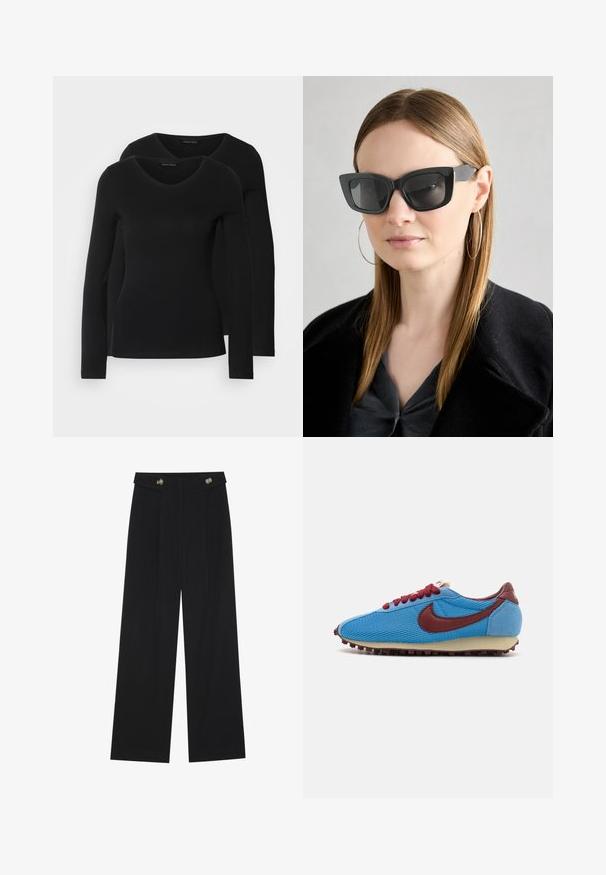 Due camicie a maniche lunghe nere con design a V, realizzate in tessuto morbido e elasticizzato, che mostrano una superficie liscia e una forma aderente.; Pantaloni neri a gamba larga con vita alta, dettagli con bottoni in vita e pieghe frontali.; Sneaker in mesh e suede blu con accenti e lacci bordeaux. Presenta una tomaia testurizzata e una suola in gomma crema con piccole borchie.; Occhiali da sole a forma di occhio di gatto neri con lenti scure, montatura spessa e dettagli sottili. Indossati con un cappotto nero e una maglia grigia, con capelli lunghi e lisci.; Borsa tote nera in suede con una texture liscia, forma strutturata e cuciture a contrasto. Presenta lunghe tracolle per il trasporto a spalla.