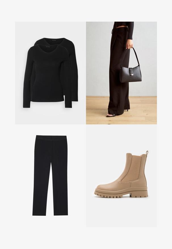 To svarte langermede skjorter med V-halsdesign, laget av mykt, elastisk stoff, viser jevn tekstur og en tettsittende fasong.; Sorte bukser med rette ben, med sidelommer og en glat stoffeksur. Minimal detaljer, ren linning.; Anna Field Platåstøvletter - beige; Svart håndveske med strukturert form, jevn tekstur og metallisk lås. Kombinert med brede svarte bukser og sandaler med åpen tå på tregulv.