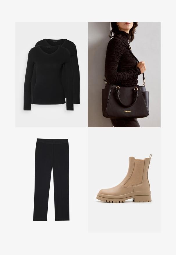 Två svarta långärmade tröjor med V-ringning, tillverkade av mjukt, stretchy tyg, som visar en slät textur och en figursydd form.; Svarta byxor med rak benutformning, har sidfickor och en slät tygstruktur. Minimalistisk design, ren midja.; Anna Field Platåstövletter - beige; Svart handväska med texturerad yta, dubbla handtag upptill och justerbar axelrem. Utrustad med detaljer i guld och sidofickor.