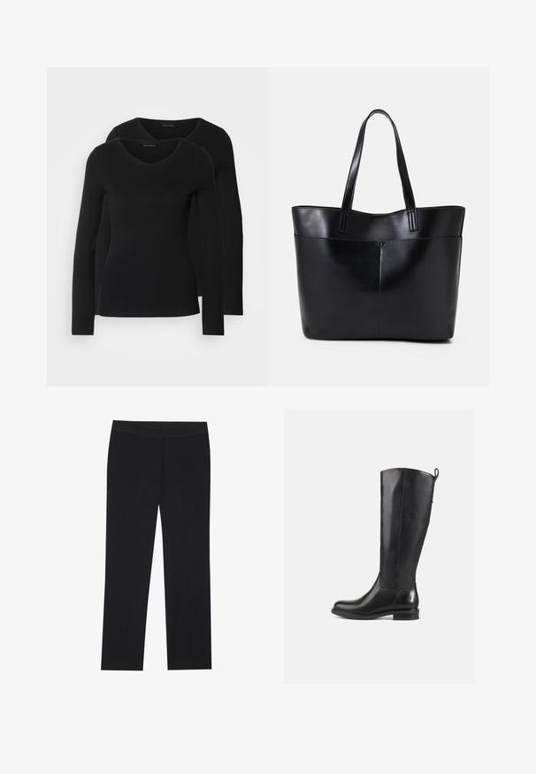 Deux chemises noires à manches longues avec un design en V, fabriquées en tissu doux et extensible, présentant une texture lisse et une silhouette ajustée.; Pantalon noir avec une coupe droite, comportant des poches latérales et un tissu lisse. Détails minimaux, ceinture épurée.; Bottes en cuir noir jusqu'au genou avec une finition lisse, bout rond, talon bas et une languette à l'arrière. Design minimaliste sans motifs visibles.; Sac fourre-tout en cuir noir avec deux longues poignées, une texture lisse et une forme structurée. Dispose d'une poche avant pour un rangement supplémentaire.