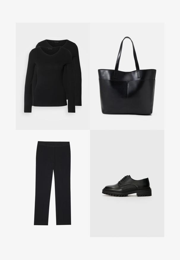 Du į juodas ilgomis rankovėmis marškiniai su V formos iškirpte, pagaminti iš minkštos, tamprios medžiagos, rodantys lygią tekstūrą ir prigludusią formą.; Juodos kelnės su tiesiu kirpimu, turinčios šonines kišenes ir lygią audinio tekstūrą. Minimaliai detalizuotos, švarus liemuo.; Juodasis odinis oksfordo stilius batelis su apvaliu priekiu, raišteliais užsegimas ir tekstūruotas guminis padas su guminiais raštais, užtikrinančiais sukibimą.; Juoda odinė rankinė su dviem ilgais diržais, lygiu paviršiumi ir struktūrizuota forma. Yra priekinė kišenė papildomam saugojimui.