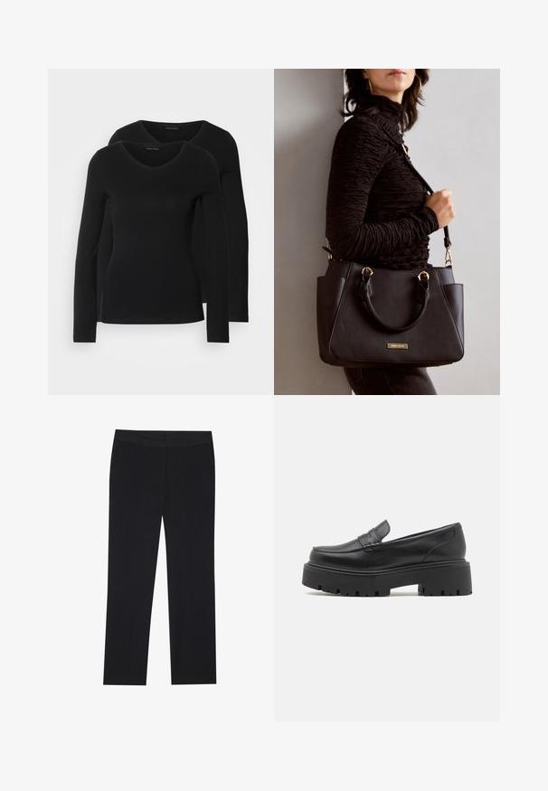 Zwei schwarze Langarmshirts mit V-Ausschnitt, aus weichem, dehnbarem Stoff, der eine glatte Textur und eine figurbetonte Passform zeigt.; Schwarze Hose mit geradem Schnitt, ausgestattet mit seitlichen Taschen und einer glatten Stofftextur. Minimale Details, sauberen Bund.; Schwarze Lederloafers mit einer niedrigen, dicke Gummisohle, gesteppten Details im Obermaterial und einer glatten Textur.; Schwarze Handtasche mit strukturierten Oberflächen, doppelten Obergriffen und verstellbarem Schultergurt. Mit goldfarbener Hardware und Seitentaschen.