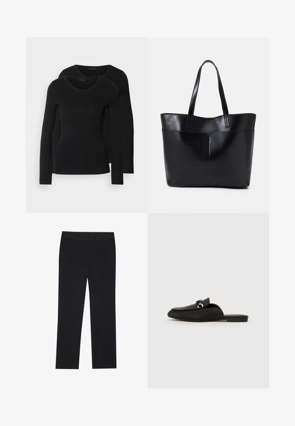 Duas camisetas pretas de manga longa com design em V, feitas de um tecido macio e elástico, apresentando uma textura suave e um formato ajustado.; Calças pretas com um design de perna reta, apresentando bolsos laterais e uma textura de tecido suave. Detalhes mínimos, cós limpo.; Shoe preto slip-on feito de couro liso. Apresenta um bico arredondado, uma faixa decorativa trançada e um pequeno detalhe dourado. Sola plana.; Bolsa tote preta em couro com duas alças longas, textura suave e forma estruturada. Apresenta um bolso frontal para armazenamento adicional.