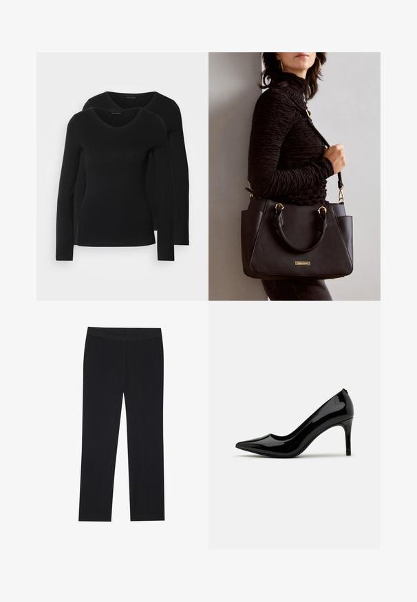 Two black long-sleeve shirts with a V-neck design, made of soft, stretchy fabric, showing smooth texture and a fitted shape.; Black trousers with a straight leg design, featuring side pockets and a smooth fabric texture. Minimal detailing, clean waistband.; Black patent leather high-heeled pump with a pointed toe and sleek silhouette, featuring a smooth texture and minimalistic design.; Black handbag with textured surface, dual top handles, and adjustable shoulder strap. Features gold-tone hardware and side pockets.